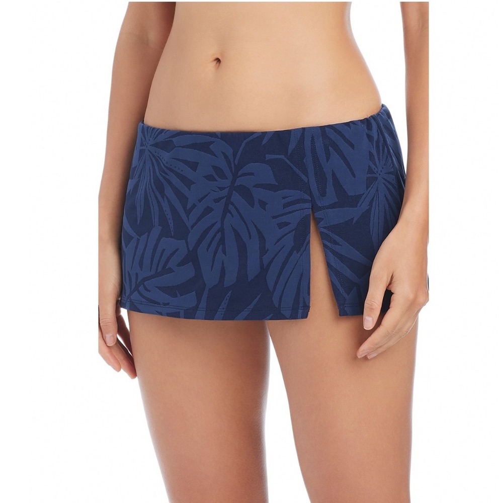 Bleu Rod Beattie Mini Swim Skirt Midnight Blue Leaf Print Size 6 Side Slit NEW